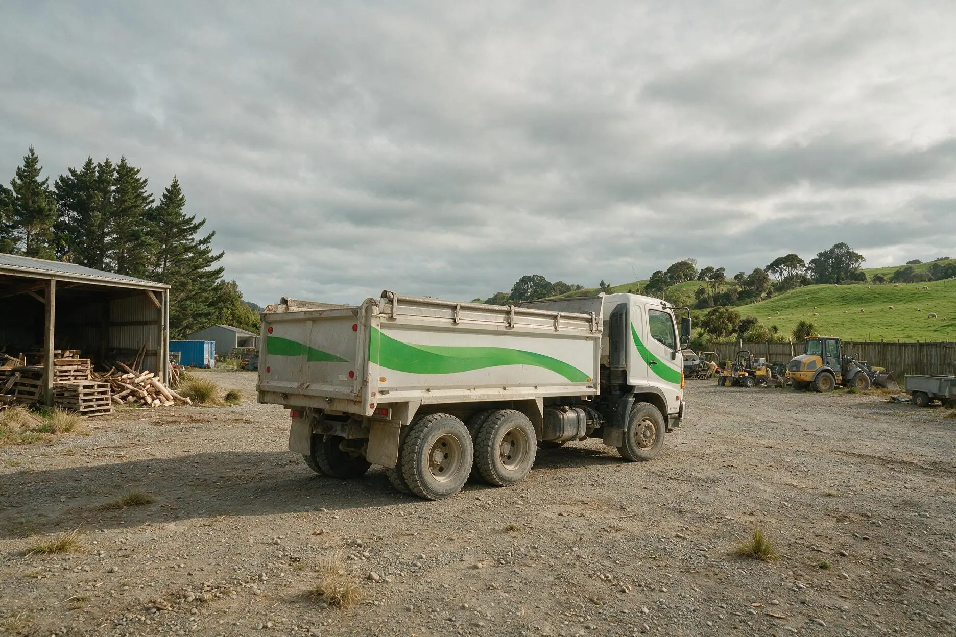 BHL tipper truck at a rural New Zealand depot yard