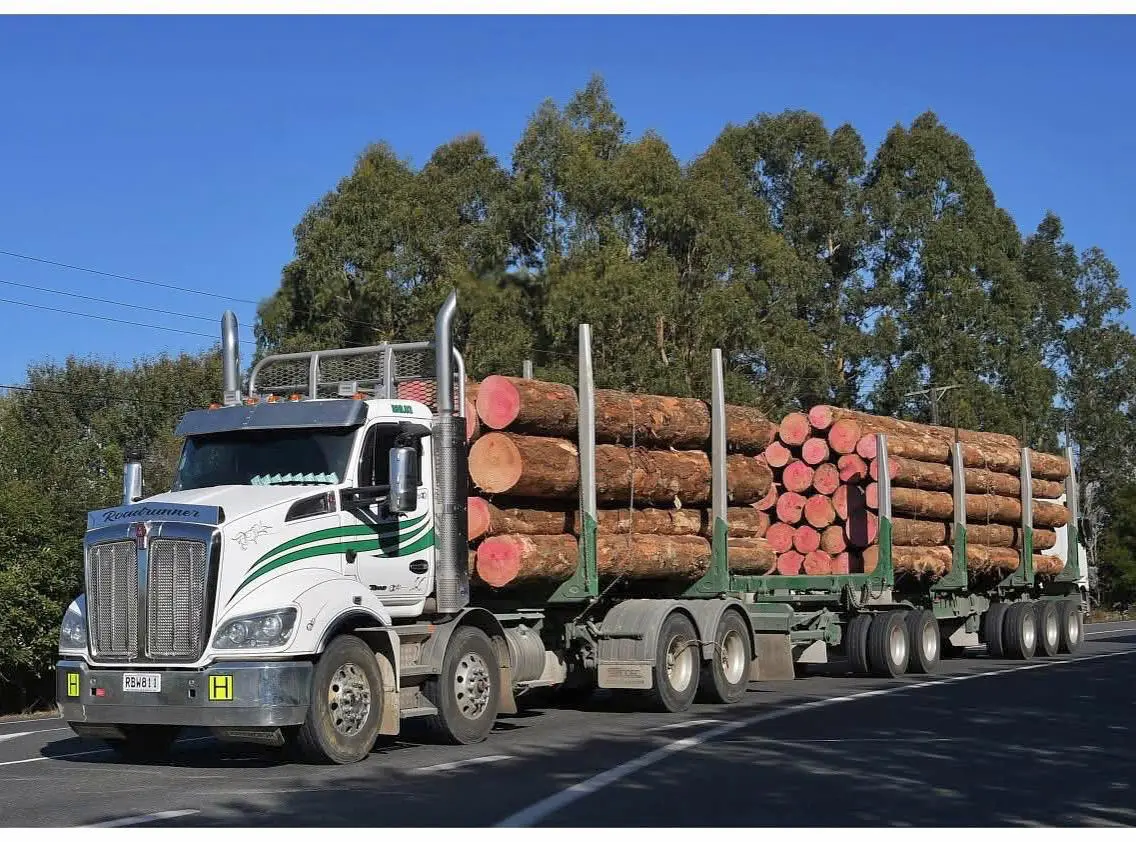 BHL log truck loaded and running the highway past open farmland