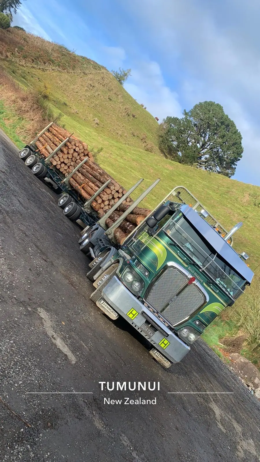 BHL log truck loaded, driving through New Zealand hill country